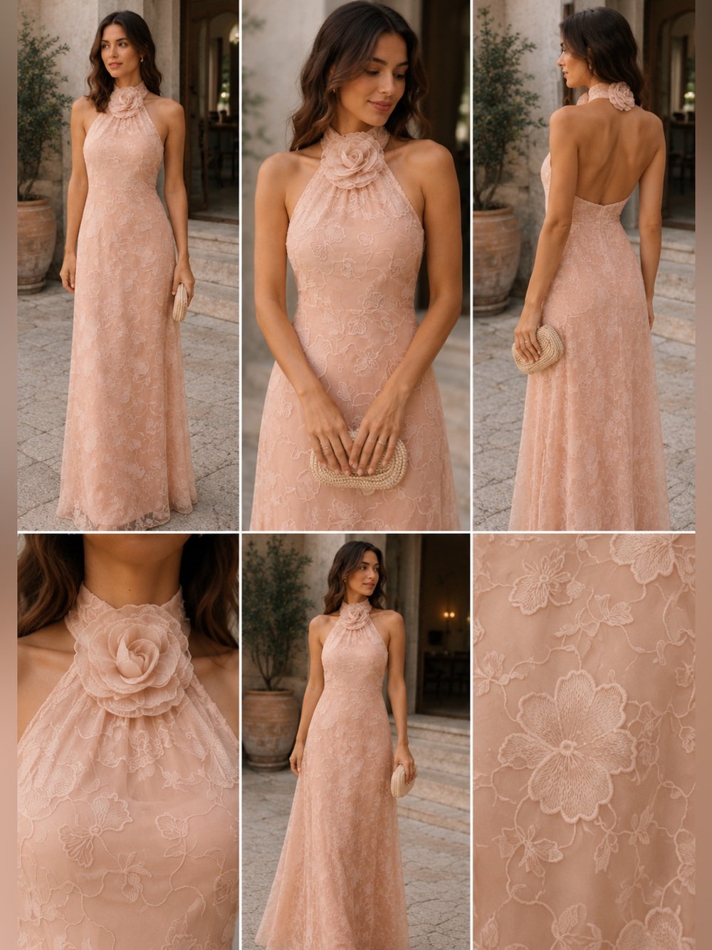 JW PEI Blush Halter Lace Maxi Dress